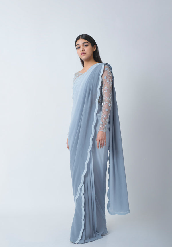Cloud Blue Ombre Pre-Draped Saree