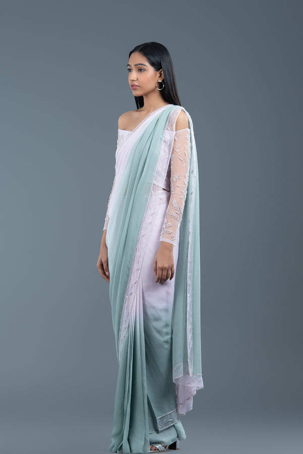 Rosemary And Lavender Ombre Pre-Draped Saree