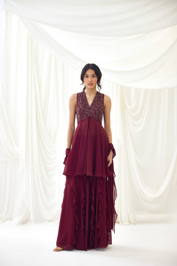 Cosmic Feelings Sharara Set in Burgundy
