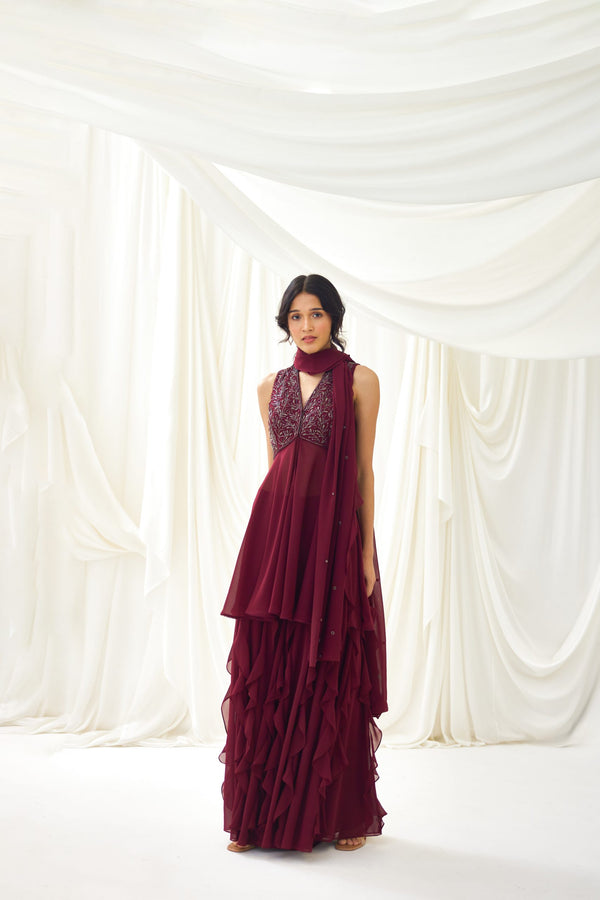 Cosmic Feelings Sharara Set in Burgundy