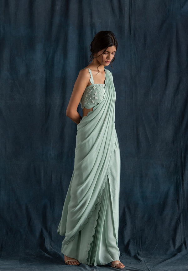 Mint Scallop Detail Pre-Stitched Saree