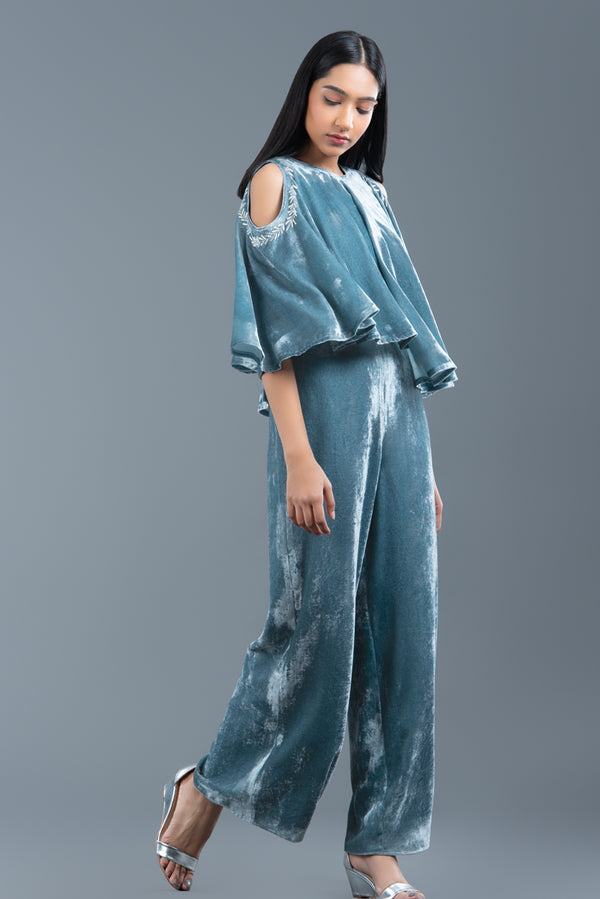 Icy Teal Telvet Jumpsuit