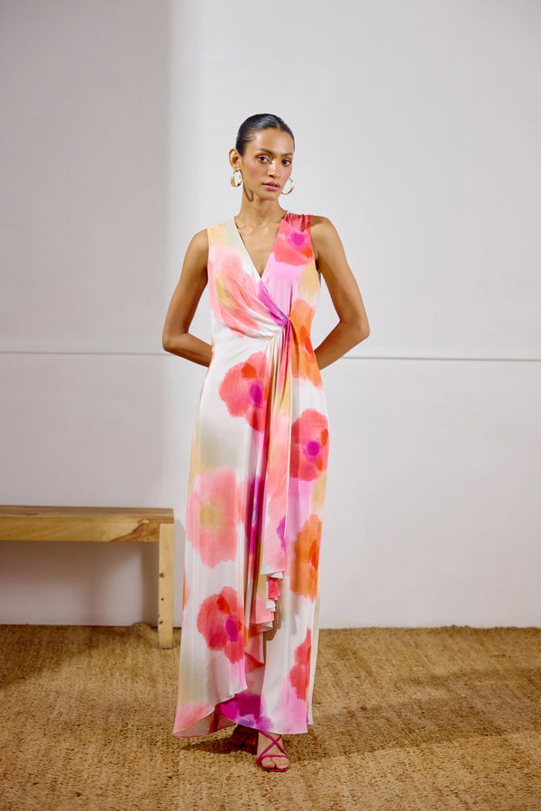 Sunset Soiree Printed Wrap Dress
