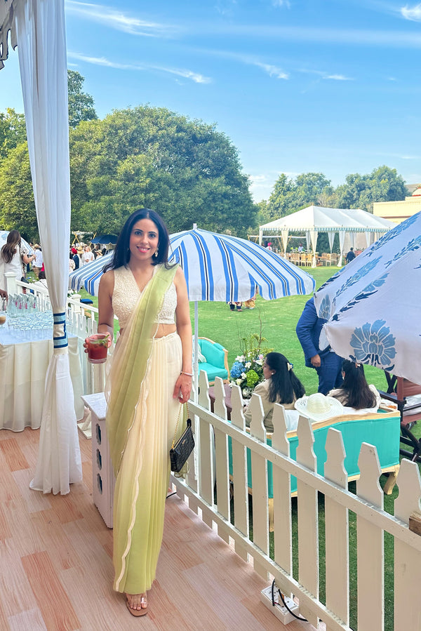 Ivory and Green Ombre Pre-Draped Saree