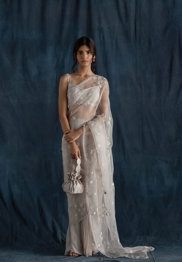 Soft Grey Organza And Georgette Pre-Stitched Saree