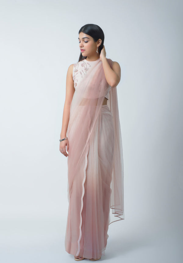 Blush And Rose Ombre Pre-Draped Saree