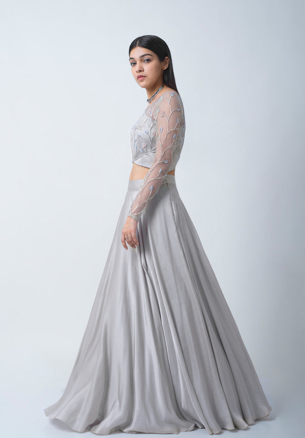 Mist Grey Overlap Blouse And Skirt Set