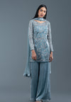 Fog Blue Organza And Velvet Sharara Set