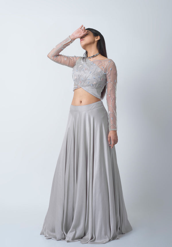 Mist Grey Overlap Blouse And Skirt Set