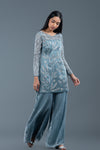 Fog Blue Organza And Velvet Sharara Set