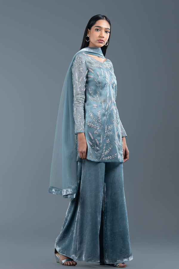 Fog Blue Organza And Velvet Sharara Set
