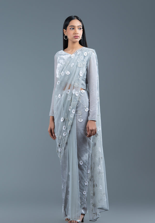 Cloud Grey Velvet And Net Pre-Draped Saree