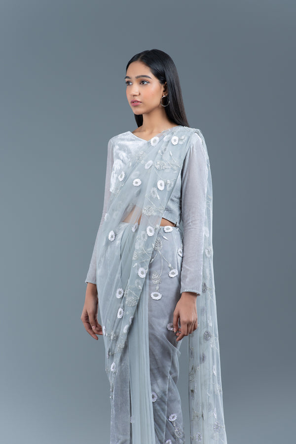Cloud Grey Velvet And Net Pre-Draped Saree
