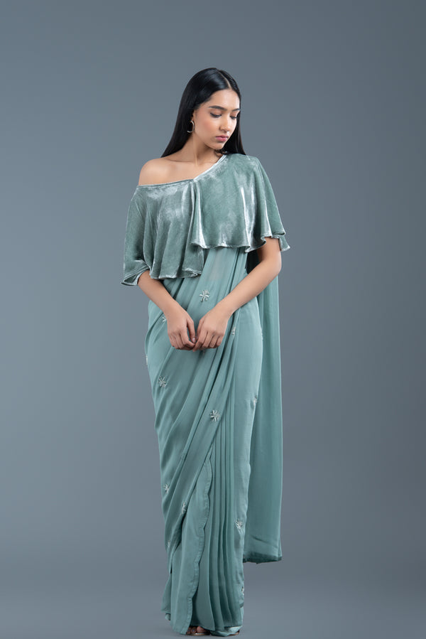 Rosemary Pre-Draped Saree With Cape