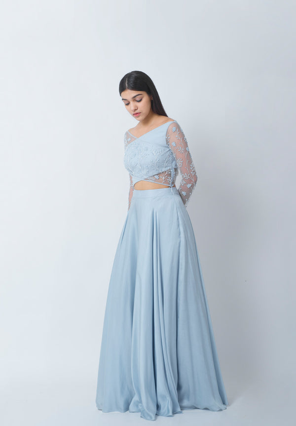 Cloud Blue Overlap Blouse And Skirt Set