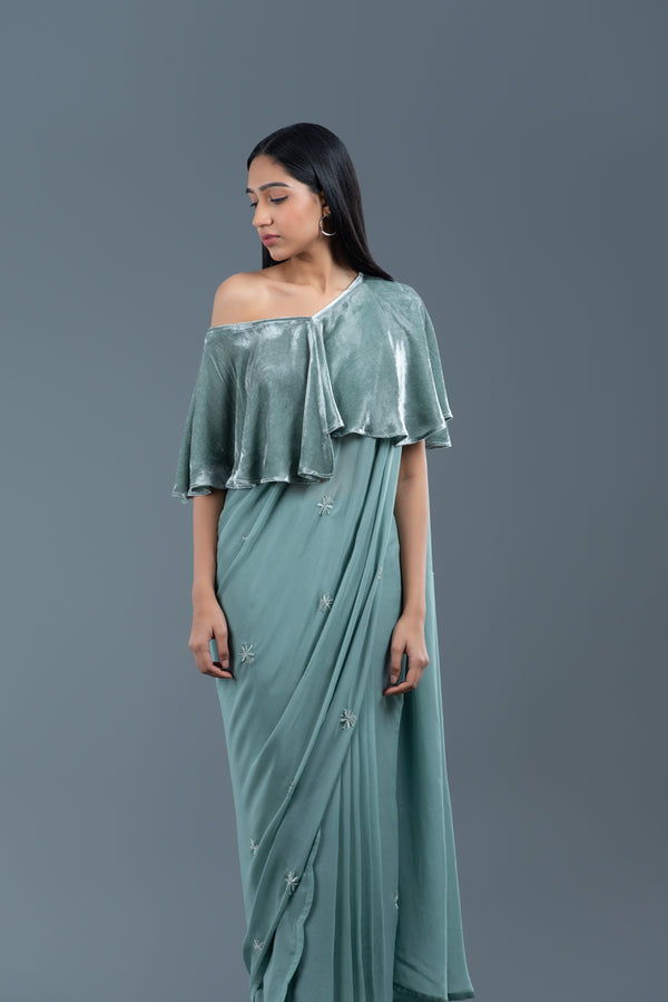 Rosemary Pre-Draped Saree With Cape