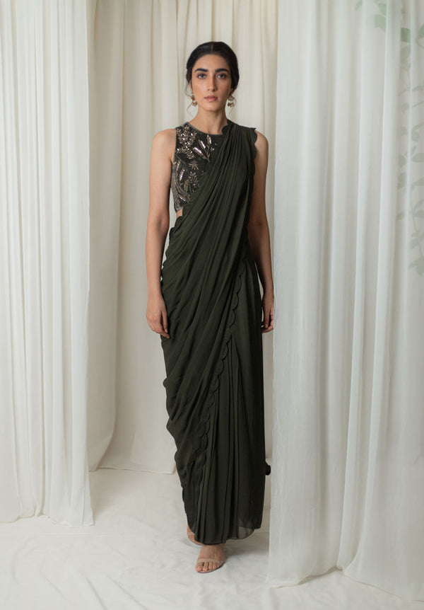 Olive Scallop Detail Pre-Stitched Saree