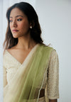 Ivory and Green Ombre Pre-Draped Saree