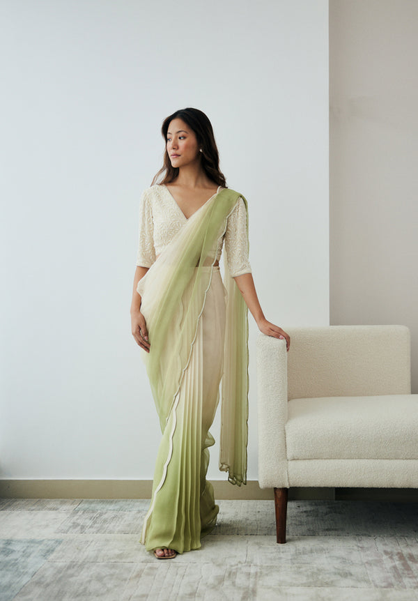 Ivory and Green Ombre Pre-Draped Saree