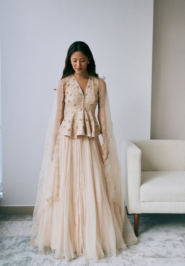 Pearled Sand Peplum Lehenga Set