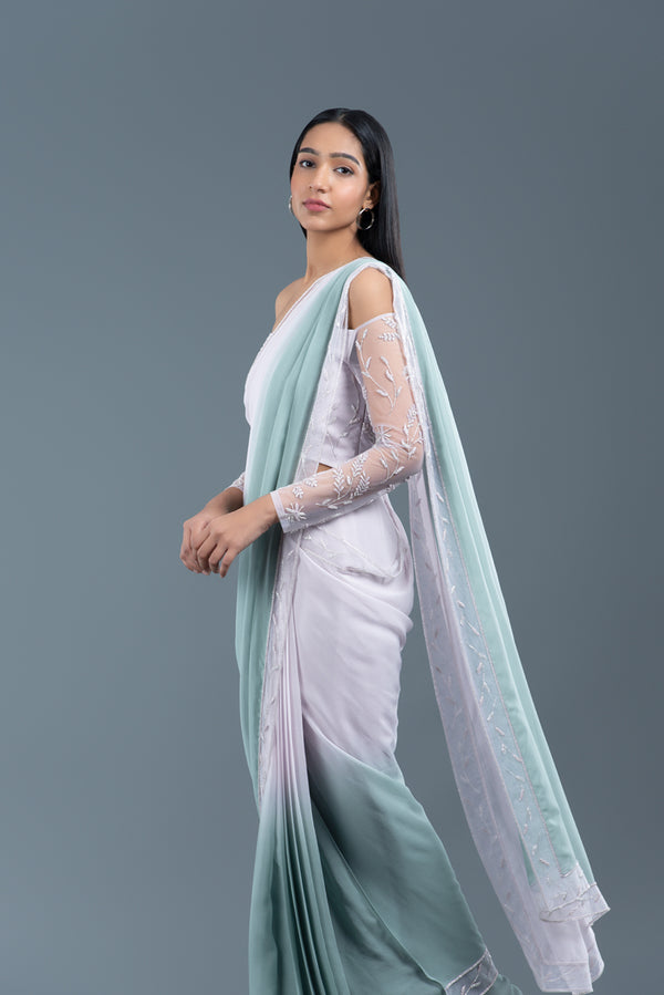 Rosemary And Lavender Ombre Pre-Draped Saree