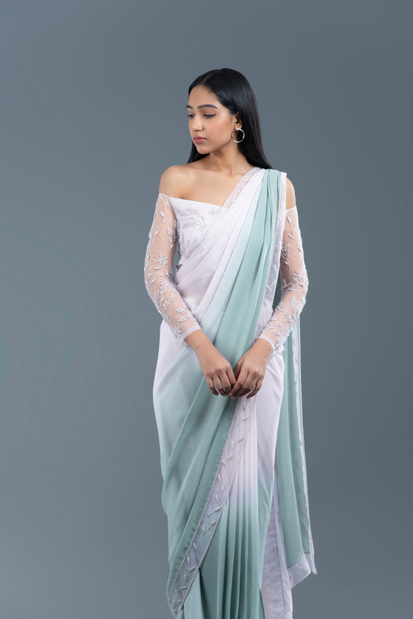 Rosemary And Lavender Ombre Pre-Draped Saree