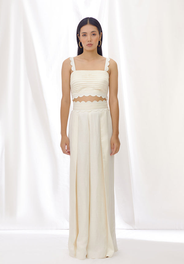 Ivory Pleated Scallop Detail Crop Top