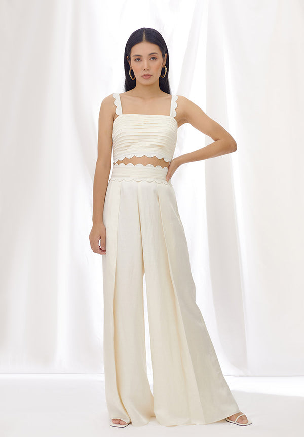 Ivory Pleated Scallop Detail Crop Top