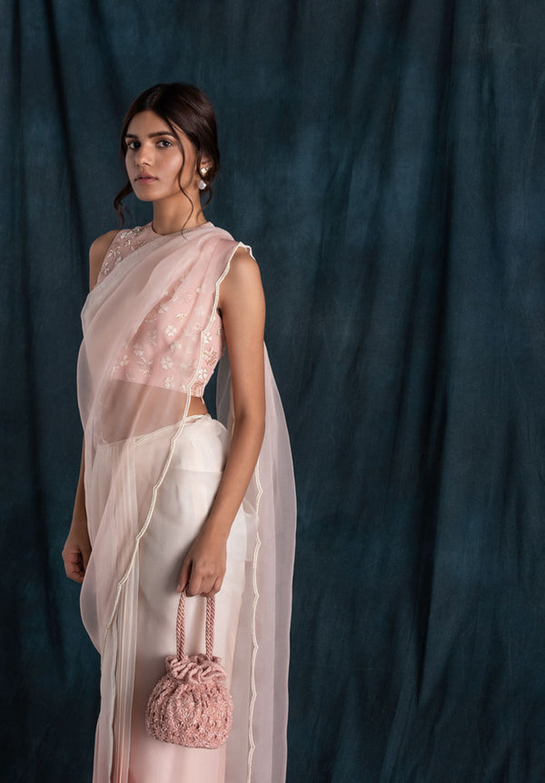Blush And Ivory Ombre Pre-Stitched Saree