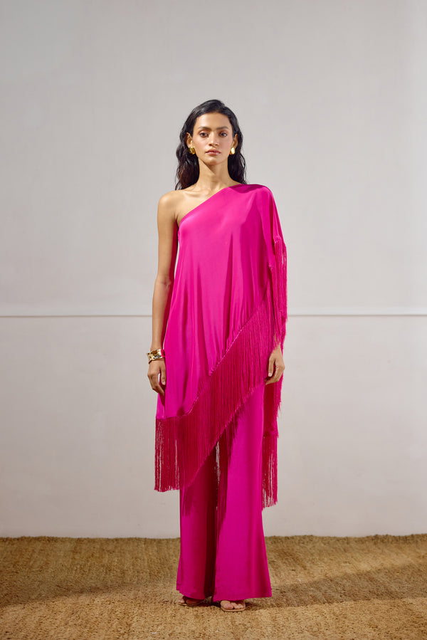 Deep Fuchsia Cape Set with Fringe
