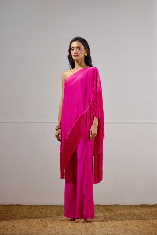 Deep Fuchsia Cape Set with Fringe