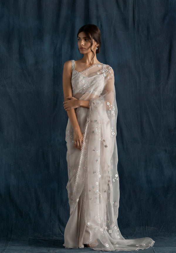 Soft Grey Organza And Georgette Pre-Stitched Saree