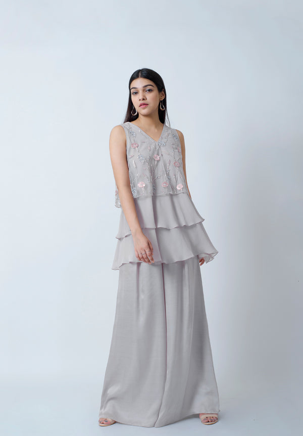 Mist Grey Layered Sharara Set