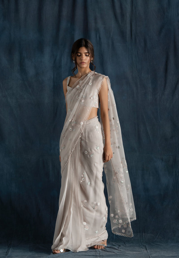 Soft Grey Organza And Georgette Pre-Stitched Saree