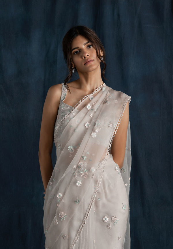 Soft Grey Organza And Georgette Pre-Stitched Saree