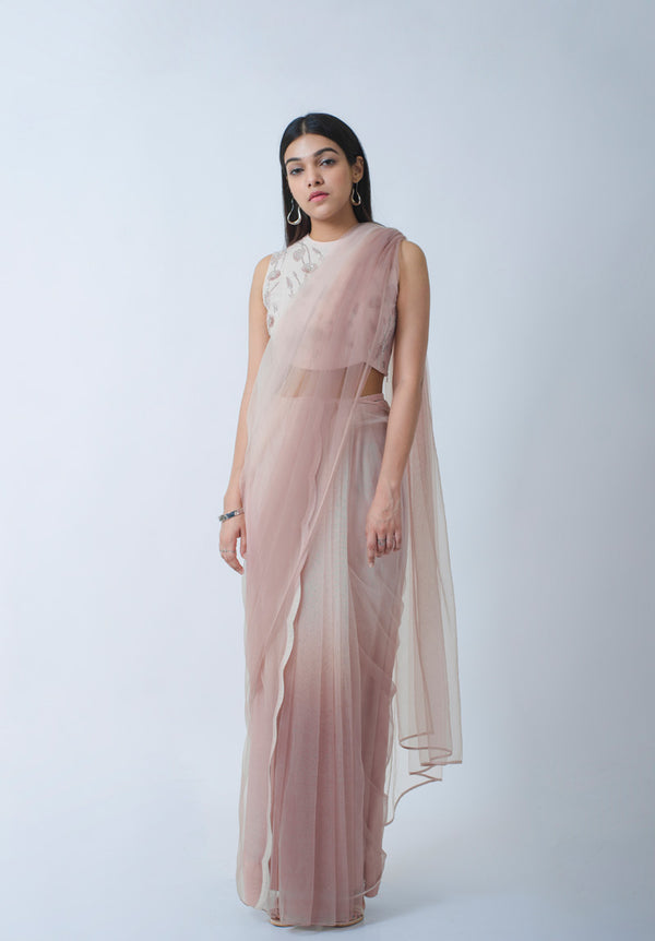 Blush And Rose Ombre Pre-Draped Saree