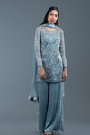 Fog Blue Organza And Velvet Sharara Set