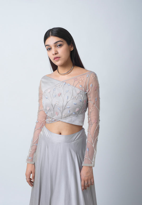 Mist Grey Overlap Blouse And Skirt Set