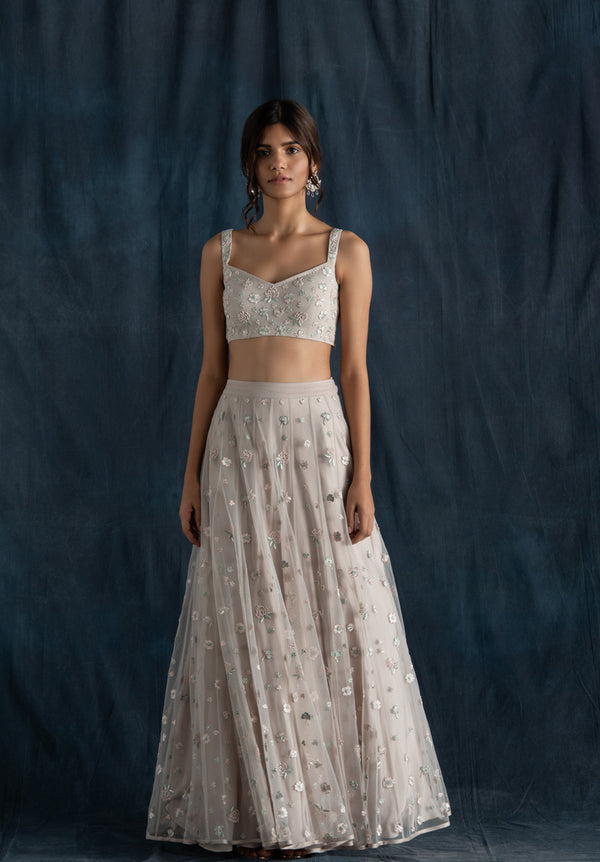 Soft Grey Embroidered Lehenga Set