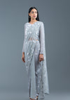Cloud Grey Velvet And Net Pre-Draped Saree