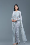 Cloud Grey Velvet And Net Pre-Draped Saree