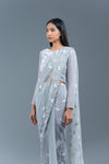 Cloud Grey Velvet And Net Pre-Draped Saree
