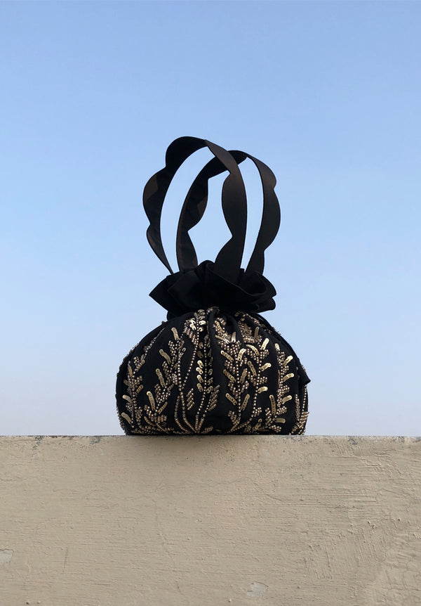 Black Embellished Drawstring Bag