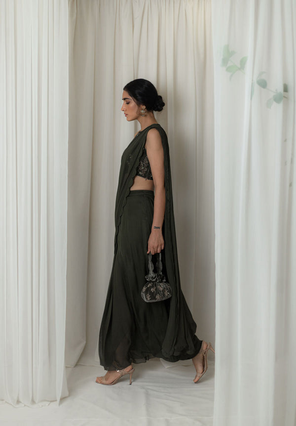 Olive Scallop Detail Pre-Stitched Saree