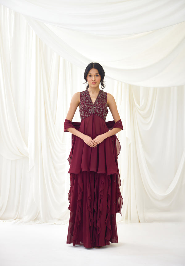 Cosmic Feelings Sharara Set in Burgundy