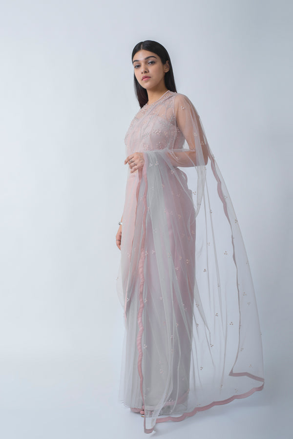 Blush And Grey Ombre Pre-Draped Saree