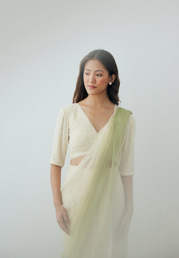 Ivory and Green Ombre Pre-Draped Saree