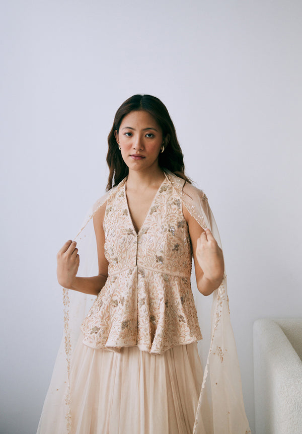 Pearled Sand Peplum Lehenga Set